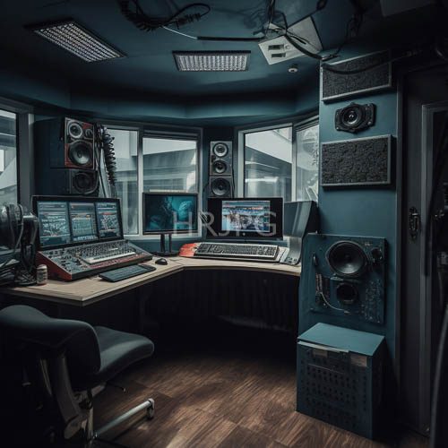 indigo walled audio suite with wooden flooring and lshaped workstations