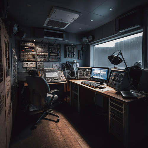 charcoal walls converge with dark wood flooring in modern control room setup