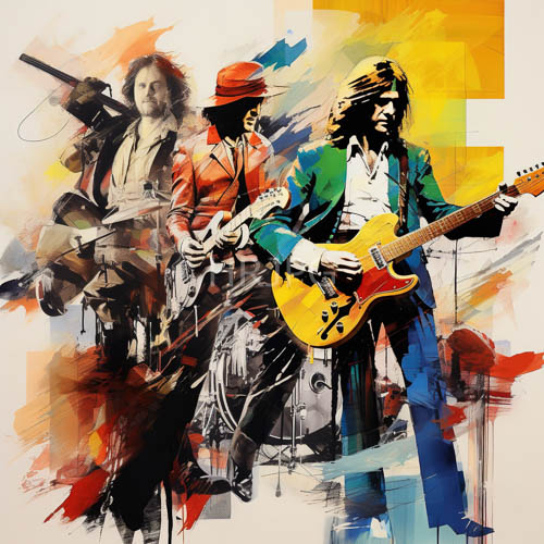 rock trio performance captured through intense brushwork and high contrast shadows
