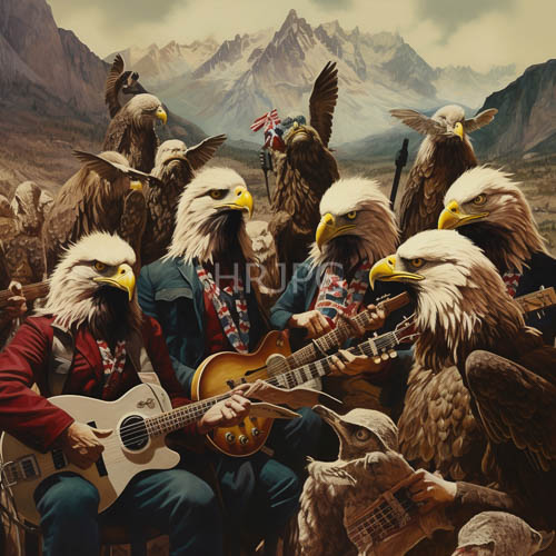 High Resolution: Elevated alpine peaks hosting whimsical musical performance with anthropomorphic bald eagles download. | HRJPG.com