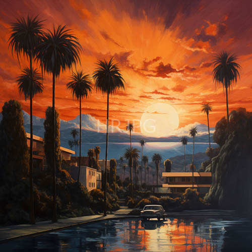 palm fronds piercing amber horizon with elongated shadows stretching toward mirrored pool of liquid obsidian