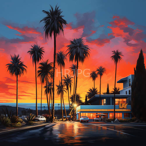 cadmium orange and deep crimson dusk saturates palm tree silhouettes against urban skyline
