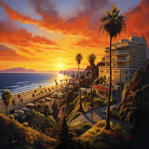coastal landscape at dusk transforms into fiery orange and deep crimson horizon