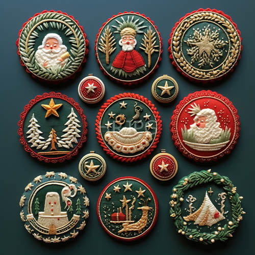 meticulously detailed circular christmas ornaments on polished surfaces in forestgreen backdrops