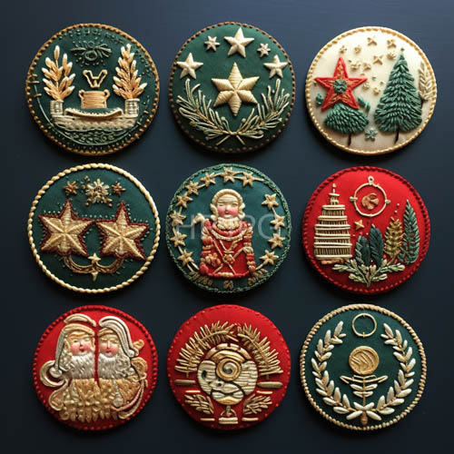 midnight blue textile ornaments with verdant greens and vibrant crimson threads