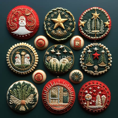 miniature holiday decorations against forestgreen backdrop in precise grid formation