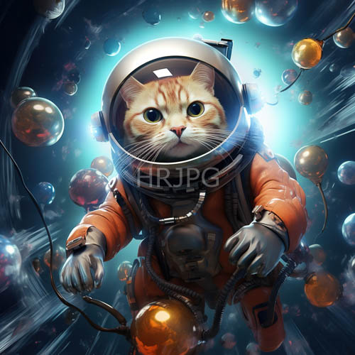 orange tabby cat in pressurized spacesuit drifts amidst iridescent spheres in cosmic void