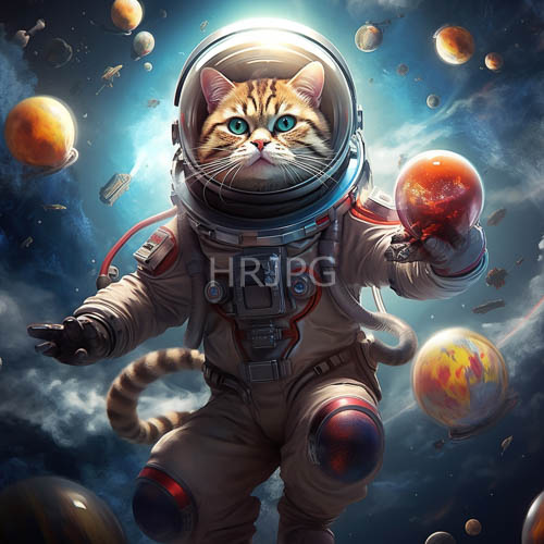 personified tabby pierces cosmic vacuum with cerulean eyes amidst metallic geometry
