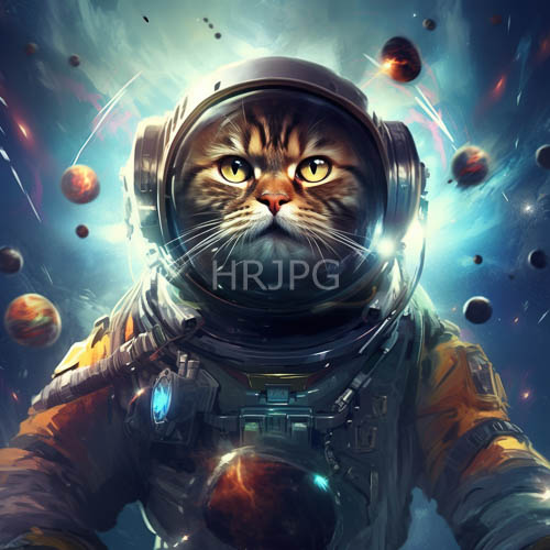 cosmic felines in meticulously detailed astronaut gear amidst nebulae and stellar spheres