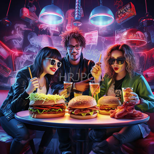 neon flashing nightlife frenzy fills round diner table with electric magenta and electric blue hues amidst latenight gatherings