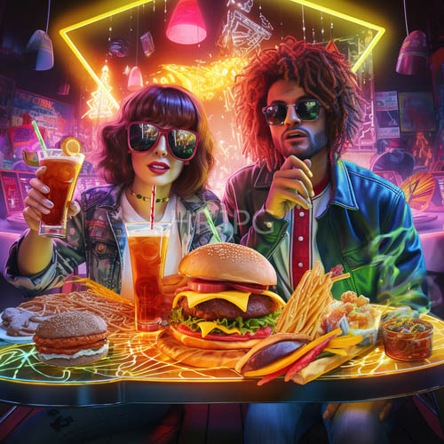 voluminous afros in futuristic diner with neon accents and deep shadows