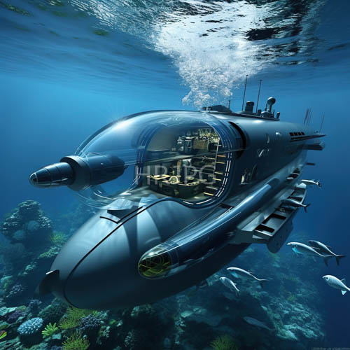 High Resolution: Space-Age Submersible Sails Through Deep Ocean Currents Against Filtered Rays download. | HRJPG.com