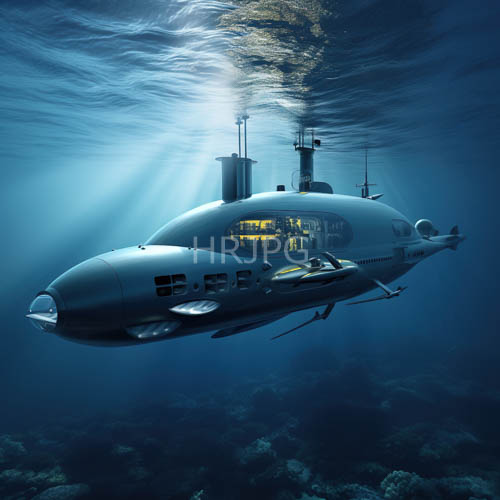 hyper modern submersible cuts silhouette against azure abyssal expanse of polished metallic surfaces
