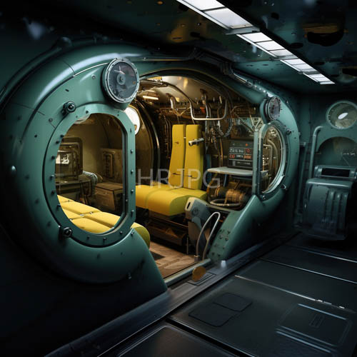 tech forward spaceship cabin enveloped by moody mosstoned metal curves and hightech control panels