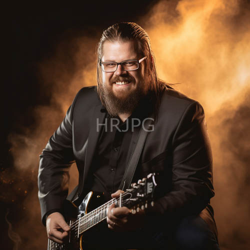 seasoned musician unleashes kinetic energy on stage amidst swirling orange haze