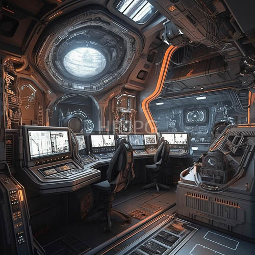 interstellar command deck architecture meets haunting atmospheric aesthetic in obsidian and neon
