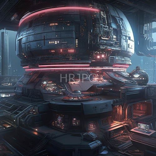 advanced vessel with crimson neon veins interlocks modular architecture in industrial setting