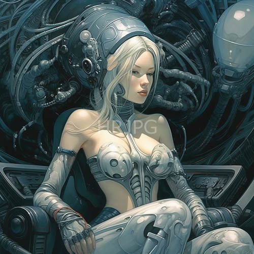 pale skin against oppressive obsidian shadows mechanical nest cybernetic blending