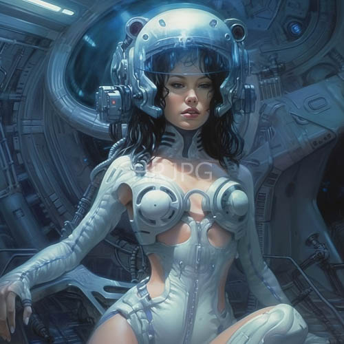 cybernetic figure amidst hightech vessel with polished metal and azure hues