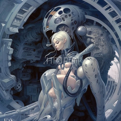 androgynous figure entwined in industrial machinerys crisp angular shadows