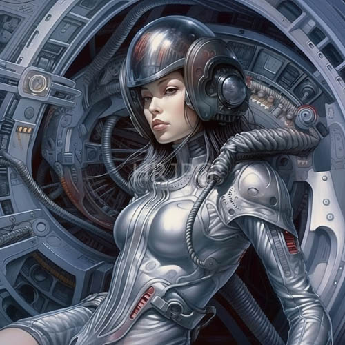 High Resolution: Hyper-Modern Pilot in Midnight Locks against Porcelain Complexion and Metallic Exoskeleton download. | HRJPG.com