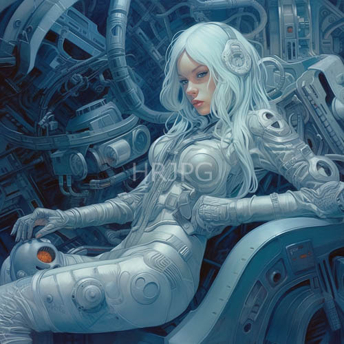 solitary figure amidst industrial labyrinth of pristine white hair and luminous blue eyes