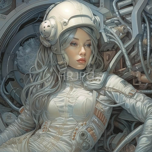 fairskinned figure amidst labyrinthine machinery in streamlined white space gear