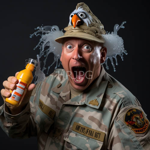 middleaged man in camouflage uniform poses with cartoon eagle motif