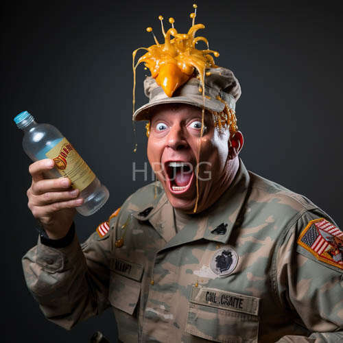 caucasian soldiers facial expression captures visceral response to citrus deluge in camouflage patterns