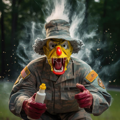 camouflage clashes with clownlike persona in tactical fatigues under muted greens and browns