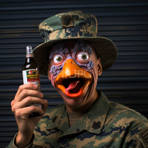 raw textured metal backdrops clash with oversized avian masks in jarring military portraits