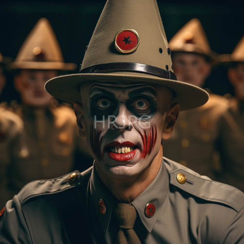 fractured clown aesthetic in charcoal and crimson pigment on porcelain skin in militaryinspired ensemble