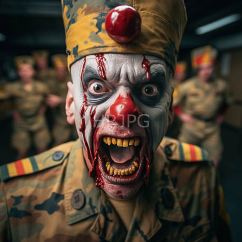 distorted clown in saturated yellow and chalkwhite against crimson background