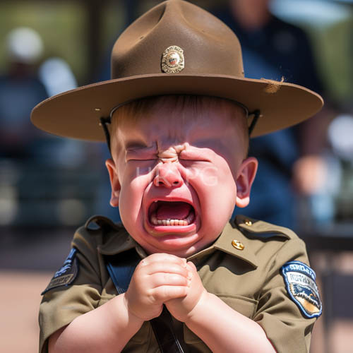 olivegreen uniform clashes with tumultuous toddler in sundrenched woodland setting