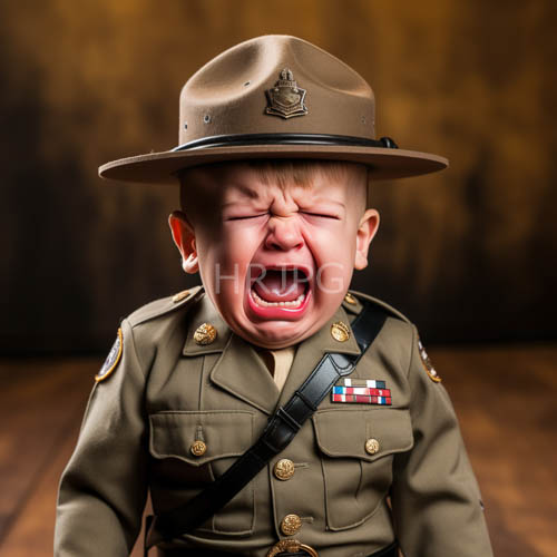 young toddler wears structured military uniform in moment of profound distress