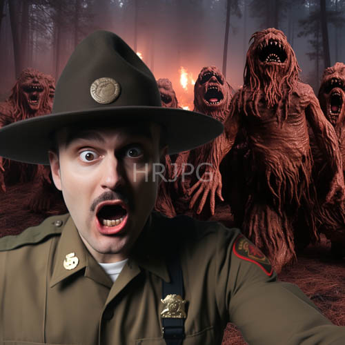 fogchoked woodland confronts olivedrab authority with primal amorphous terror and chaotic biological nightmares