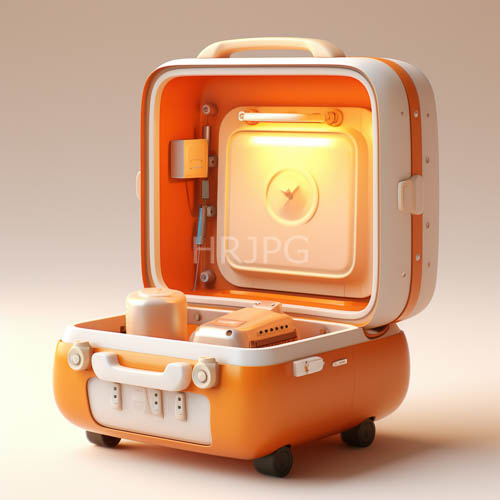 futurism inspired hardshell travel vessel with orange and white industrial aesthetic in modern cargo bay