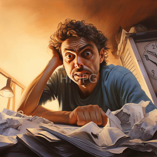curls of tension frame a burdened face in overwhelming workspace chaos