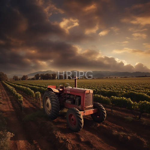 High Resolution: Aged Tractor Amidst Vineyard Rows and Faded Oxidized Crimson Paint download. | HRJPG.com