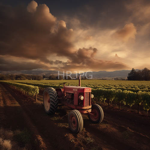 traditional crimson tractor stands amidst emerald vineyard amidst fading patina