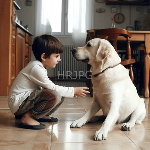 subdued ambient glow illuminates momentous connection between young boys and laidback canines in tiled spaces