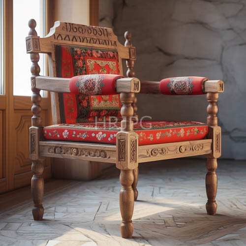 High Resolution: Crafted wood armchair with turned legs and intricately patterned armrests in a traditional setting with diffused light download. | HRJPG.com