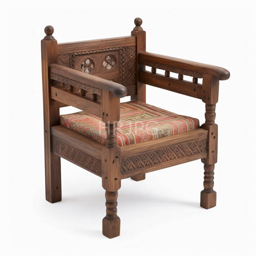ornate wooden seat with intricate geometric engravings and vibrant textile design