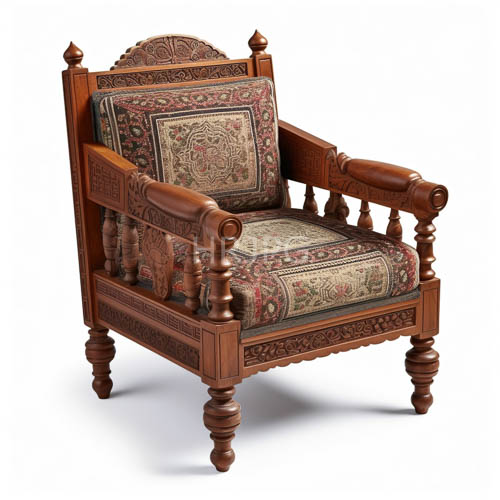 artisanal armchair with intricate carvings and botanical motifs on mahoganytoned wood