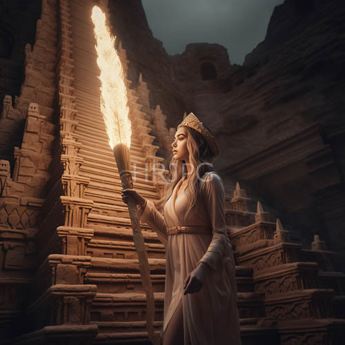 midnight desert nocturne with flickering torch and mysterious figure in egyptian vestments