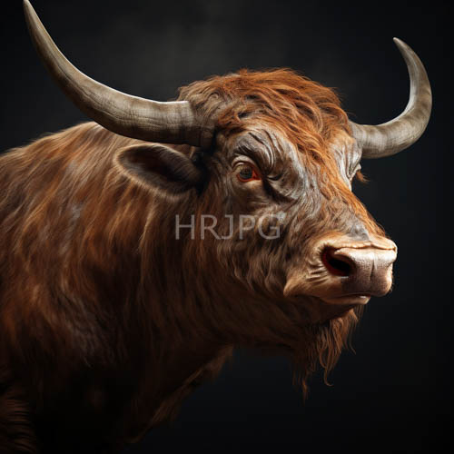 rugged highland bull with matted russettoned coat and majestic sweeping horns in atmospheric highland setting