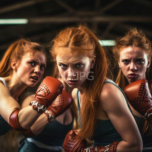 redhaired figures stand united in industrial gymnasium with unyielding determination and athletic discipline