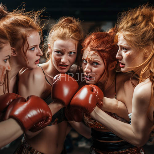 copper manes cascade across muted gymnasium setting under lowkey lighting
