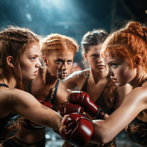 female boxers lock gaze in unified athletic discipline during training session in dimly lit gym