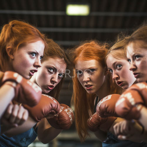 High Resolution: Five Athletes Stand Locked in Unwavering Fighting Stance Within High Windows Filtered Gymnasium download. | HRJPG.com